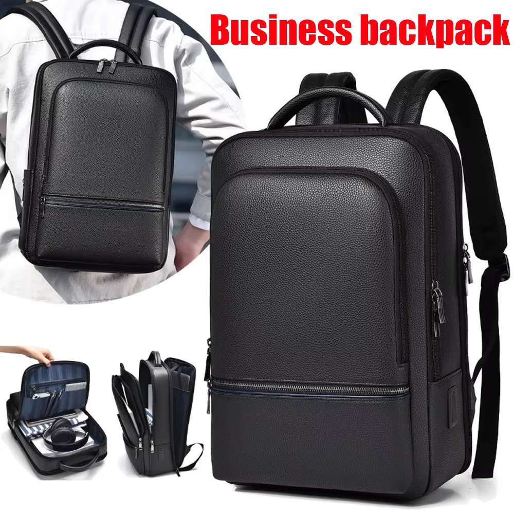 Leather Briefcase - PU 가죽 남성 백팩 USB 충전