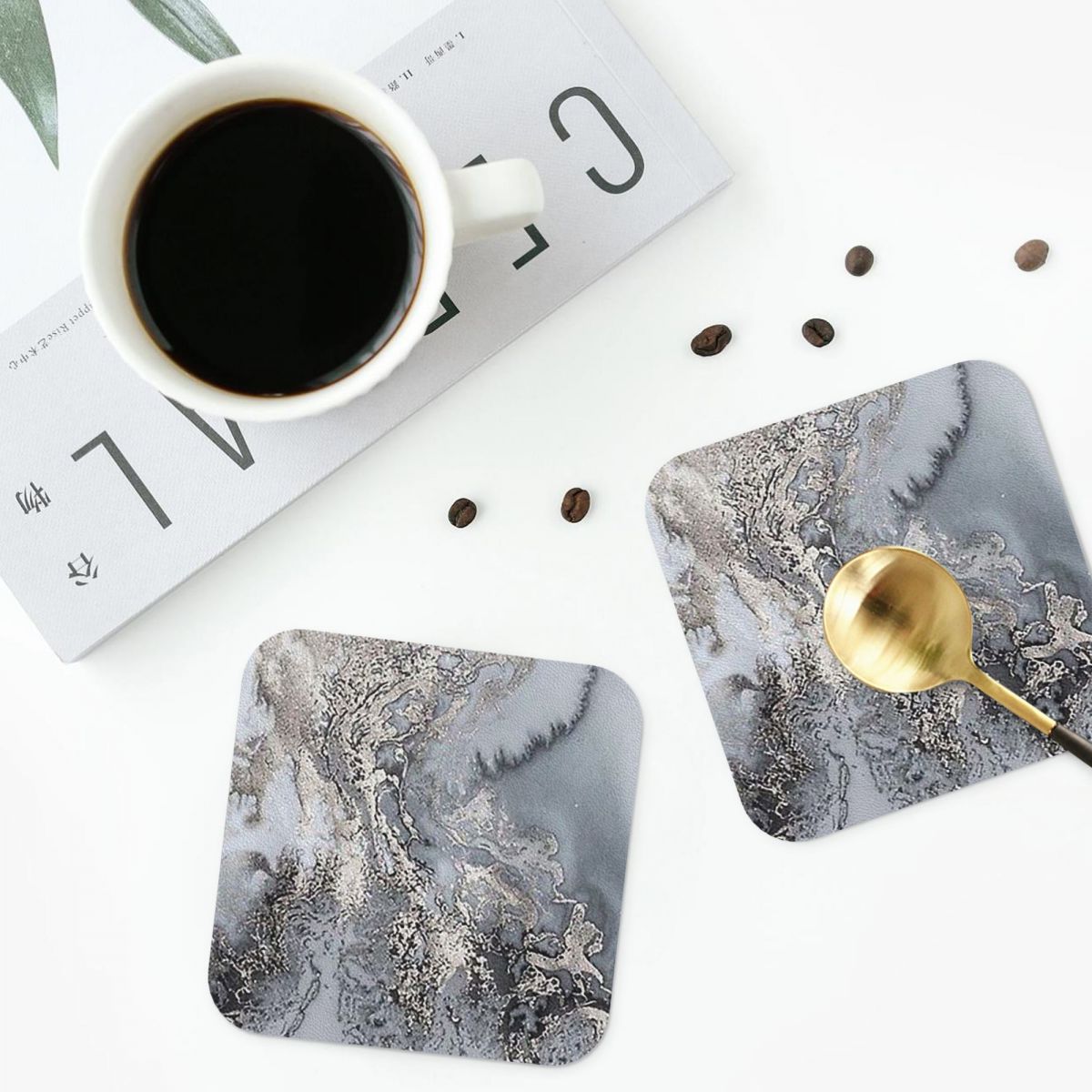 회색 및 은색 마블 코스터 PVC 가죽 플레이스매트 가 - Marble Coaster Set 리뷰 및 가격